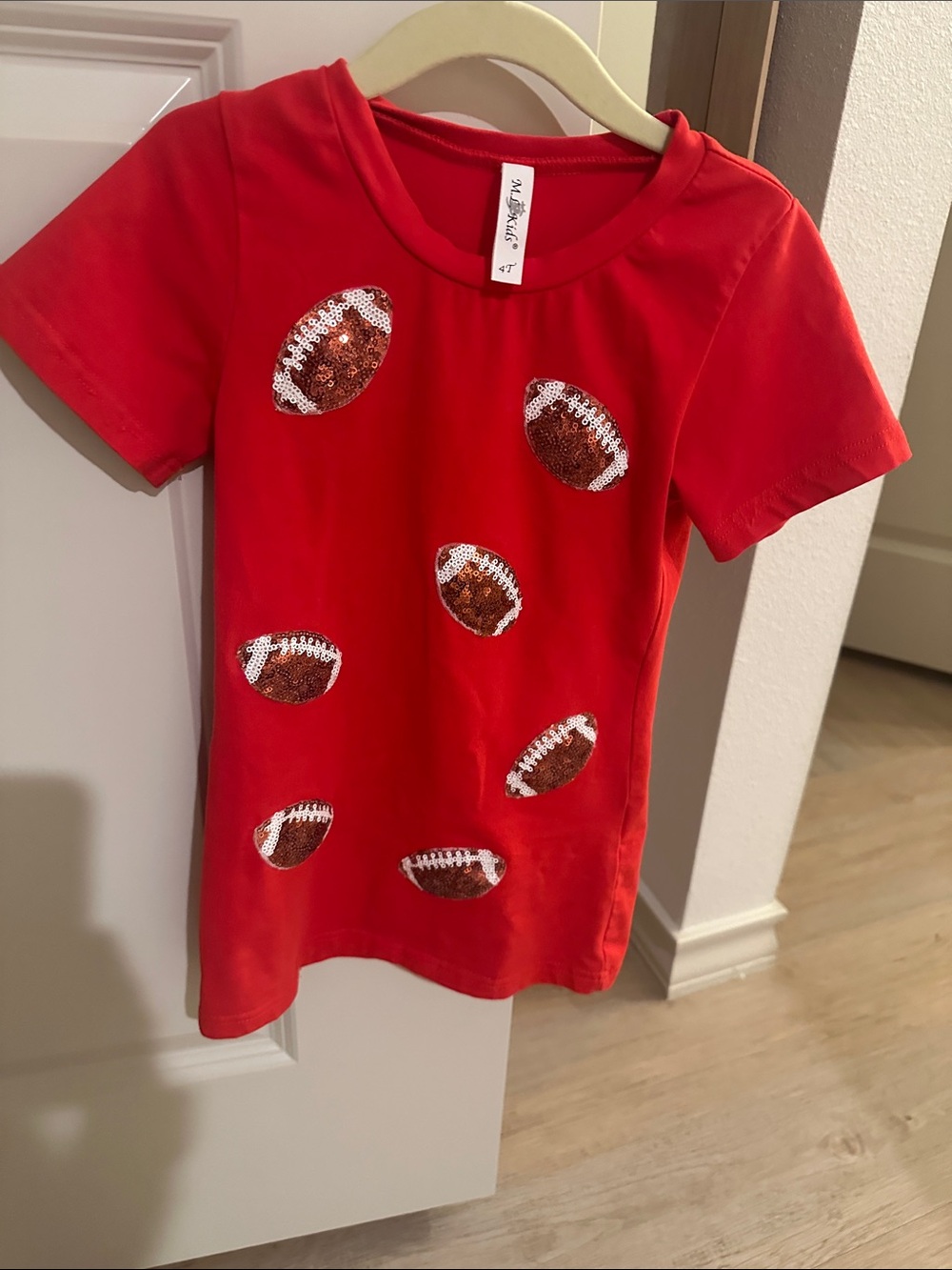 Kids Red Sequin Football Short Sleeve Tee